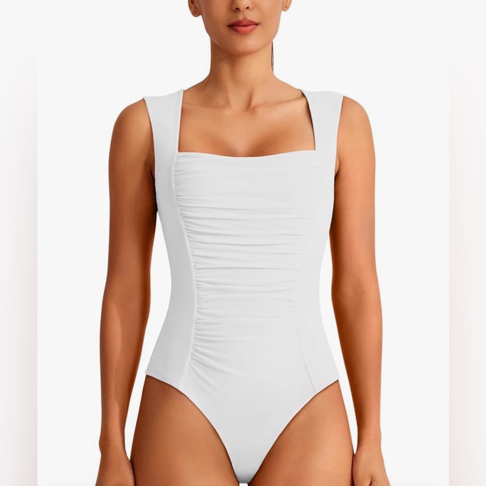 REORIA Women's Square Neck Body Suit Sleeveless Sexy Mesh Ruched Bodysuits